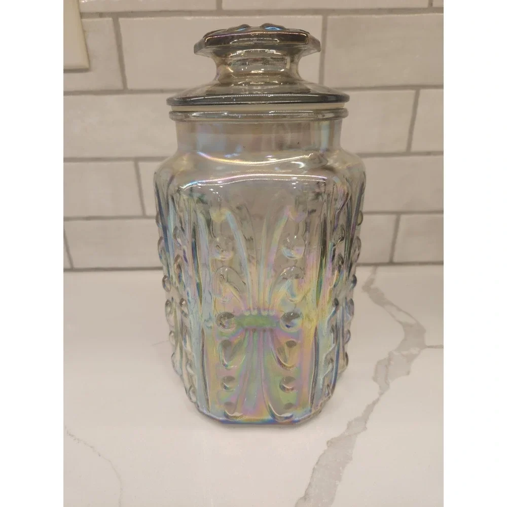 Vtg LE Smith Atterbury Scroll Canister Jar Iridescent Carnival Glass 9